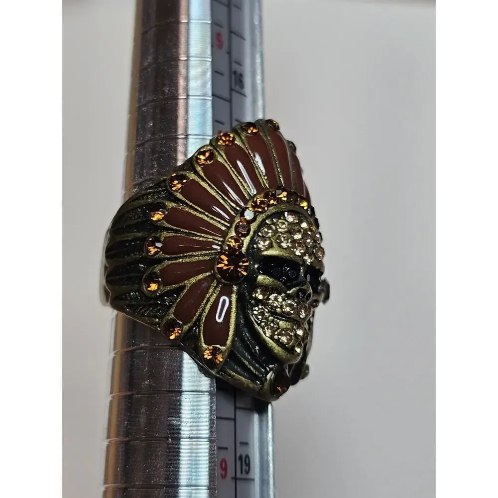 Indian‎ Chief Skull Brown Rhinestones Sz7 unisex bling ring. Motorcycle. Dark.